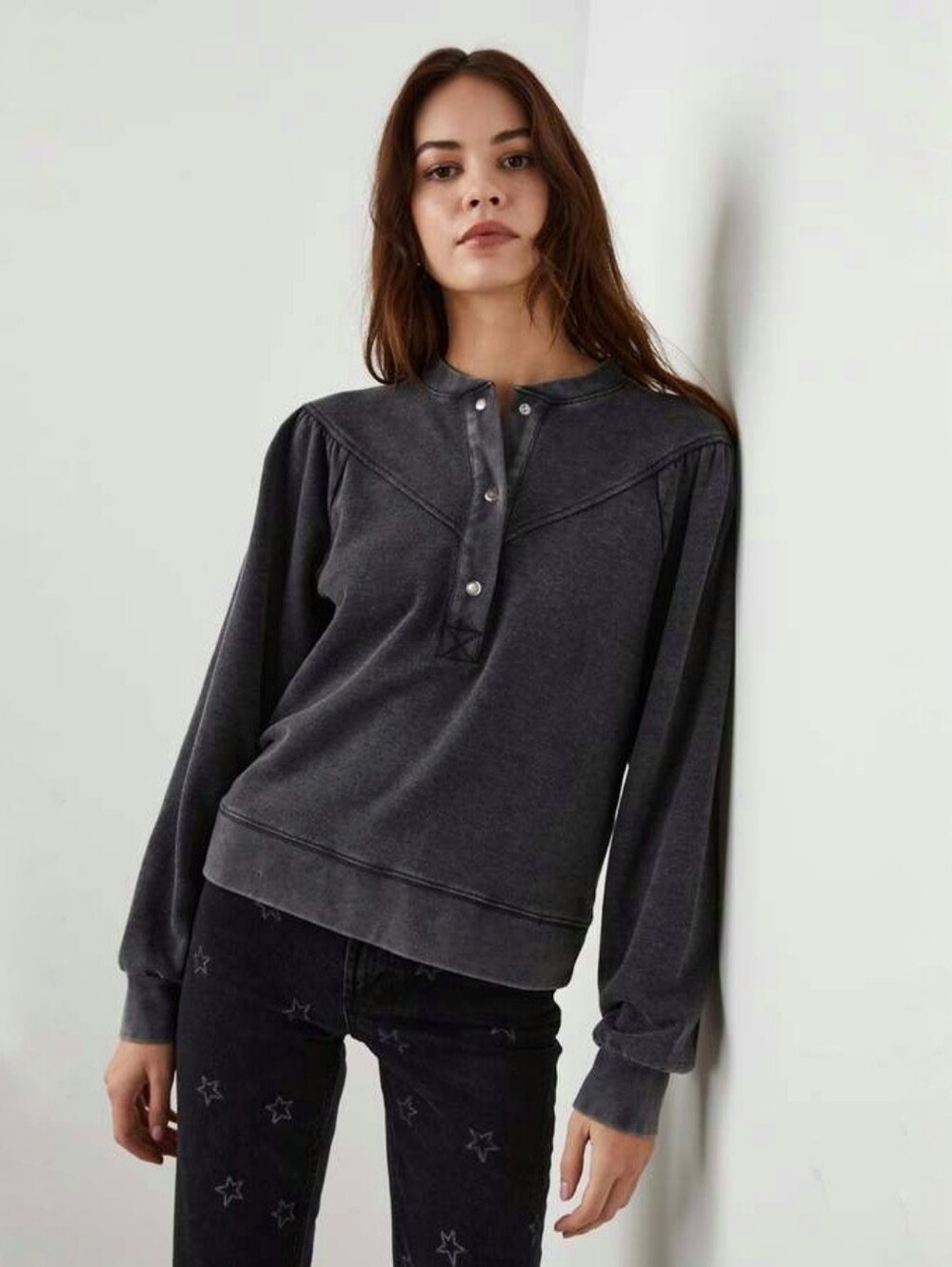 Rails Dex button down henley sweatshirt black acid wash women's Size small